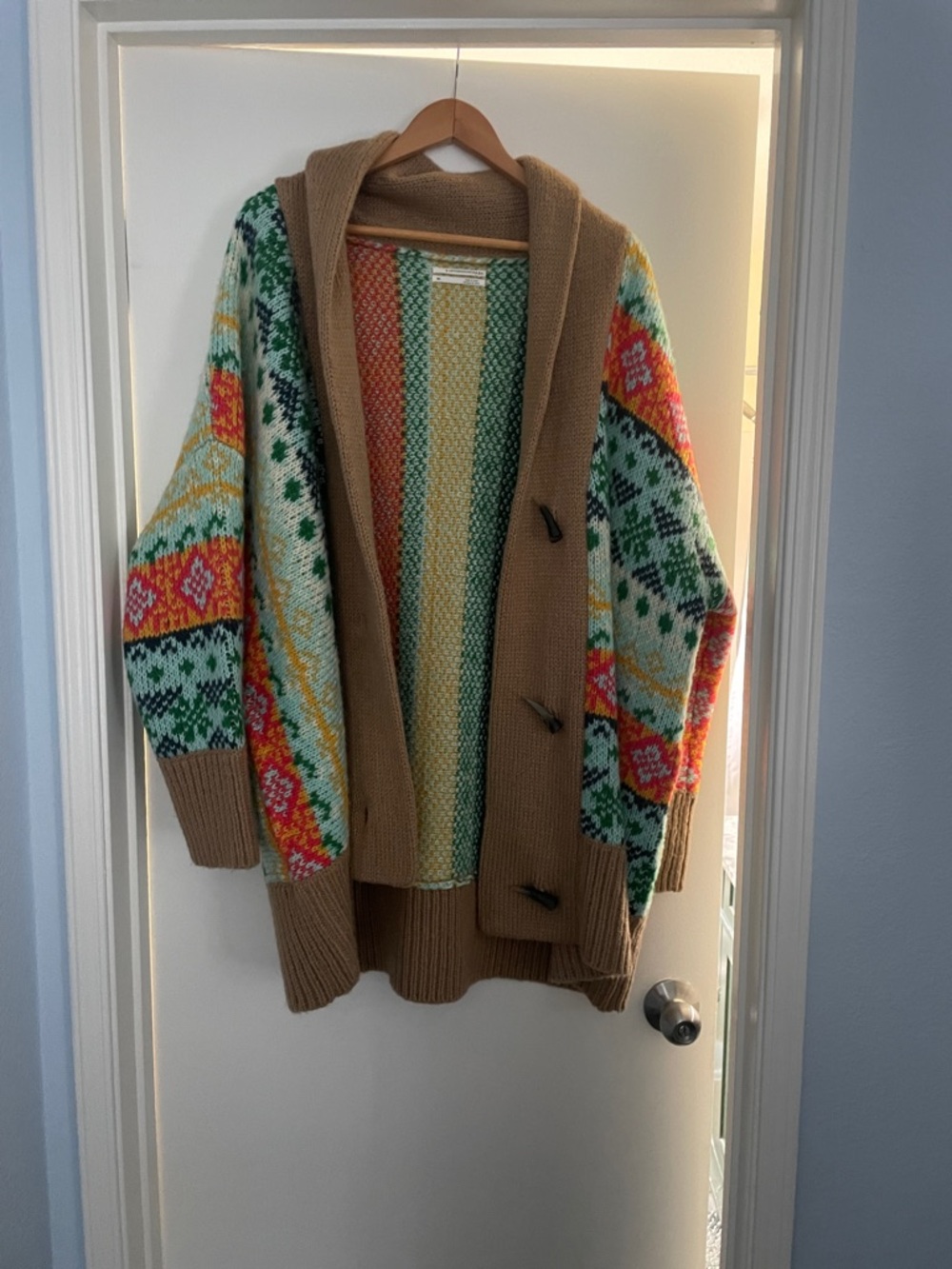 Anthropologie Multicolor Fair Isle Hooded Cardigan with Tan Trim
